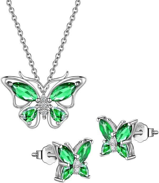 925 Sterling Silver Birthstone Butterfly Jewelry Women Crystal Animal Cute Butterflies Birthday Necklace/Earring/Ring/Bracelet Sets Birth Stone Statement Anniversary Jewellery