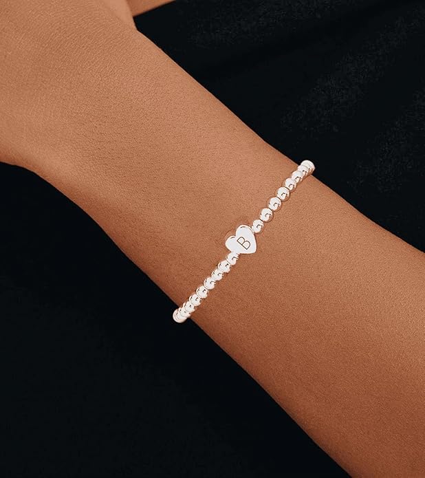 Valentines Day Gifts for Women Her - Dainty Beaded Heart Initial Bracelets Letter A-Z Charm Stretch Bead Ball Bracelet Trendy Jewelry Gifts