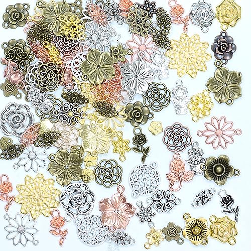 stino 100g Metal Pendant Charms for Jewelry Making, Bulk Silver & Gold Plated Charms for Braclet Necklace Crafts, Animal Plant Flower Pet and so on - color: Flower Mixed Color