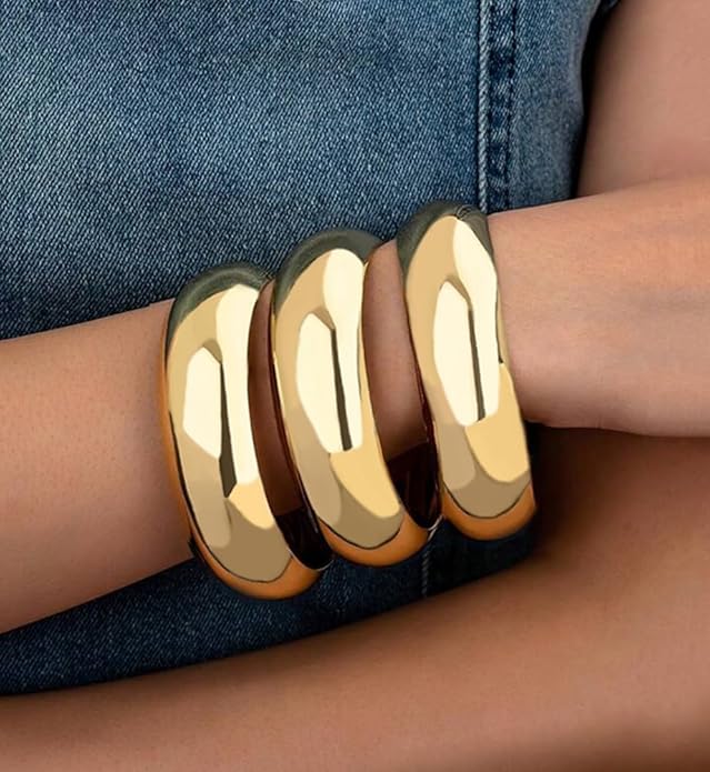 Chunky Gold Bangle Bracelets for Women, Dainty 14k Gold Plated Big Stackable Bangles Set, Trendy Cuff Bracelet Stack Fashion Jewelry Gifts