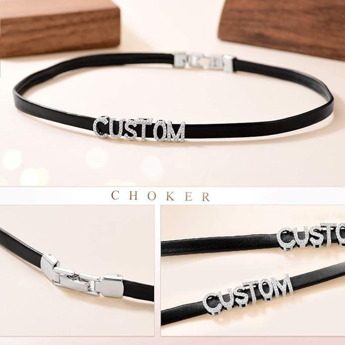 Custom4U Personalized Black Leather Choker Necklace with Picture/Name/Initials/Letters Charm,Custom Made Adjustable Choker Collar Gothic Punk Necklaces Jewelry Gifts for Women