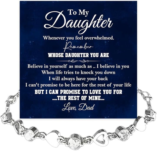 To My Daughter Bracelet, Silver Heart Chain Bracelet with Shiny Stones, Perfect Birthday or Graduation Christmas Gift for Daughter with Message Card Gift Box