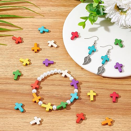 SUNNYCLUE 1 Box 100Pcs Cross Beads Bulk Small Easter Cross Beads Synthetic Magnesite Stone Crucifix Crosses White Red Blue Pocket Quilts Crucifix Charms for Jewelry Making Beading Kit Supplies - color: 100pcs 12x16mm Colorful Cross Beads
