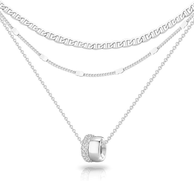 OGD Layered CZ Rondelle Pendant Necklaces for Women, 14K Gold Plated Trendy Mariner Chain Dainty Circle Rondelle Pendant Choker Necklace for Women Two-Toned Cubic Zirconia Gold Necklace