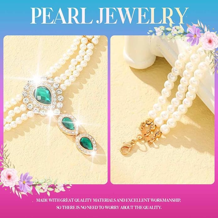 Brishow Pearl Choker Necklaces Set Green Crystal Bridal Jewelry Sets for Wedding Layered Pearl Costume Jewelry Bracelets Set for Women