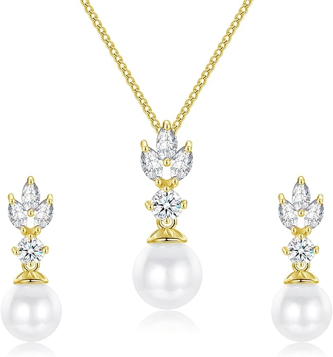 Wedding Jewelry for Bride Bridesmaid, Pearl Dangle Earrings and Pendant Necklace Set Bridal Jewelry for Promise Wedding Party