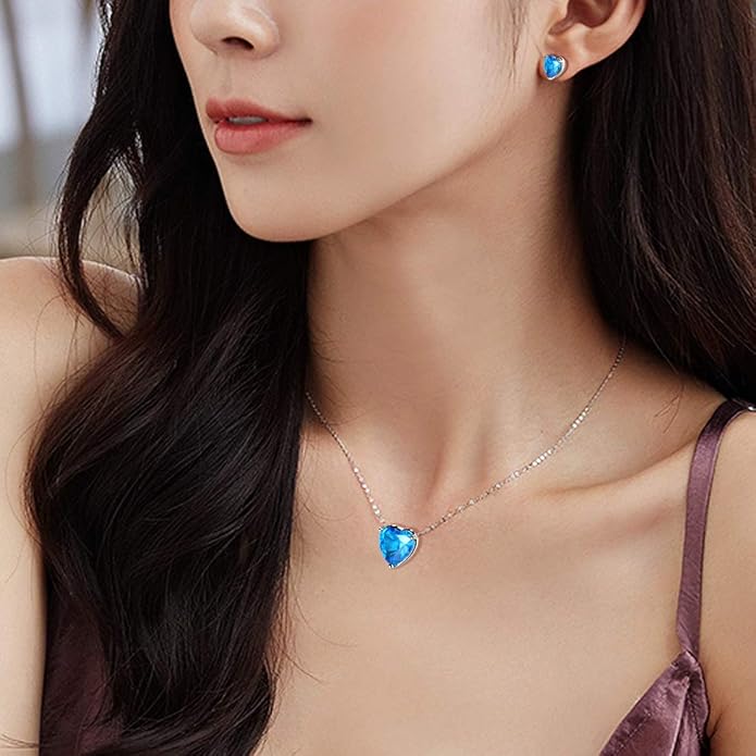 Aurora Tears Hearts Necklace Earrings Jewelry Sets - Women 925 Sterling Silver Birthstone Pendants Earrings Set Crystal Wedding Birthday Jewelry