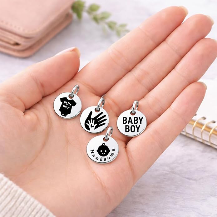 SM Design Pregnancy & New Baby Charm Set – Set of 4 Meaningful Stainless Steel Charms – Great for Crafting, Making Bracelets and Necklaces - Meaningful Keepsake Charms for Expecting & New Moms