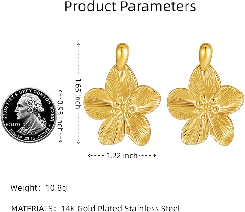 Gold Flower Statement Earrings for Women, Large Chunky Bohomian Summer Beach Floral Earring, Irregular Bold Exaggerated Earrings