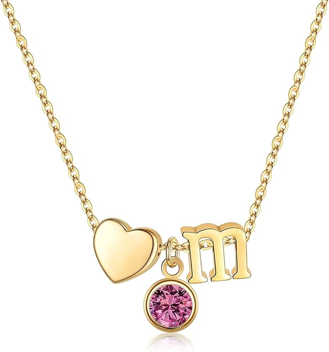 Ursilver Initial Birthstone Necklace for Women - Heart Initial Birthstone Pendant Necklace Personalized Gifts Birthday Gifts for Women