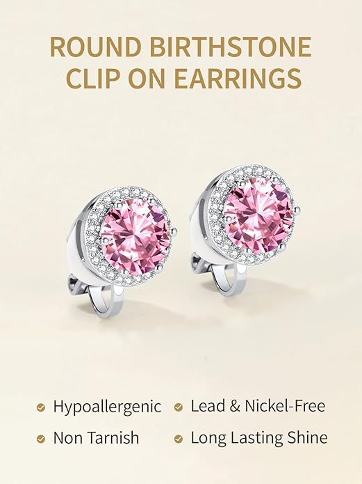 FindChic Sparkling Birthstone Clip On Earrings for Women, Silver Plated Stud Earrings 8MM Cubic Zirconia Non Pierced Studs, 12 Months Birthday Jewelry Gift