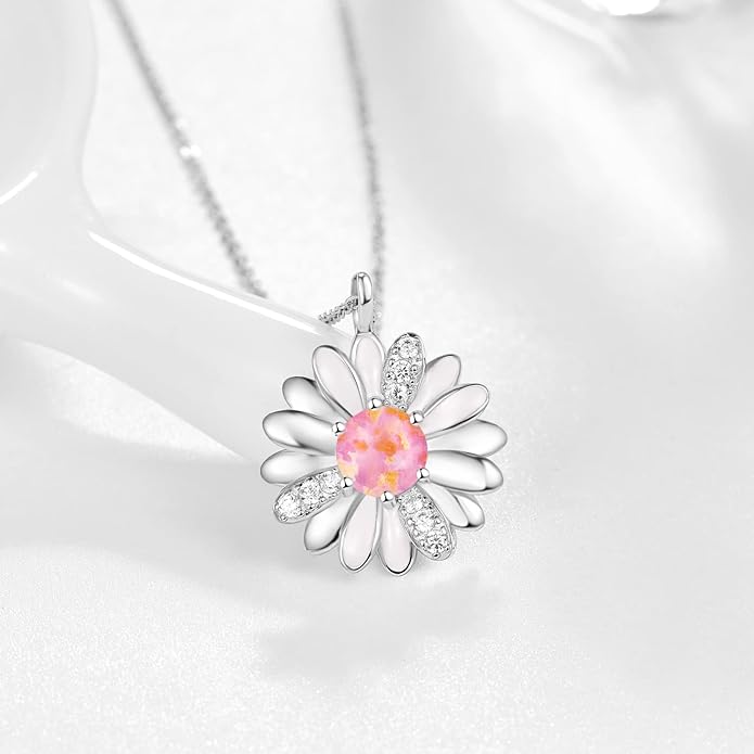 KINGWHYTE Daisy Necklace Gifts for Women 925 Sterling Silver Opal Daisy Pendant Spring Flower Necklace Jewelry Graduation Birthday Celebrate Congratulation Gift