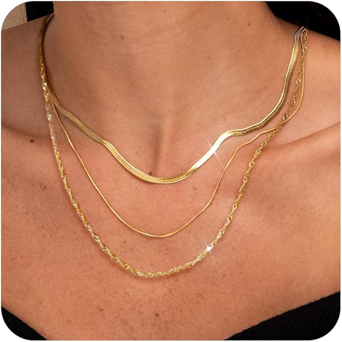 3PCS Gold Necklaces for Women,Chunky Statement Gold Plated Necklace Stack Layered Sterling Silver Herringbone Chains for Women Dainty Trendy Silver Chains Stacked Jewelry Gifts