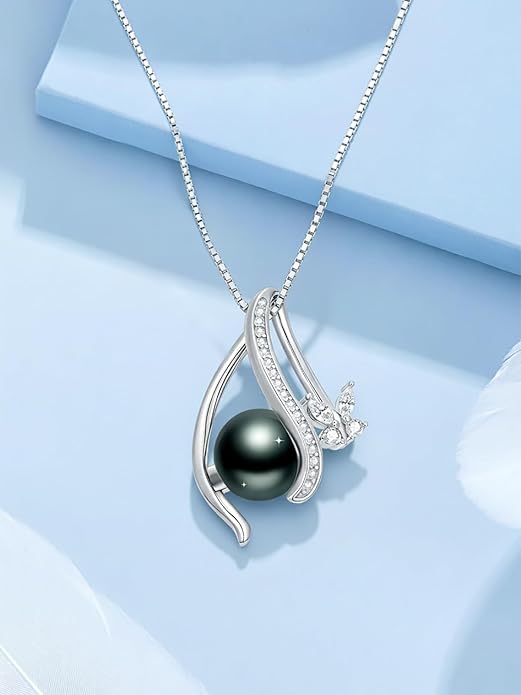 Tahitian Black Pearl 18K White Gold Plated Sterling Silver Heart/Infinity/Four Leaf Clover Pendant Necklace Jewelry Gifts for Women Wife Mom Girlfriend Wedding Birthday Anniversary Christmas