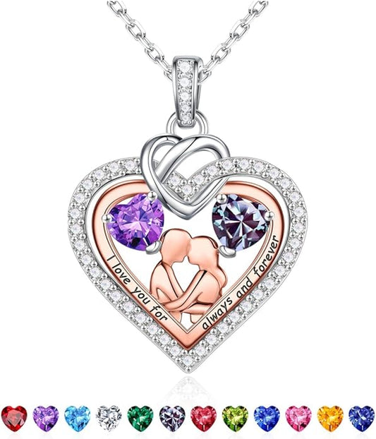 Iefil Valentines Day Gifts for Her - 925 Sterling Silver Double Heart Birthstone Necklace for Women, Anniversary Birthday Gifts for Wife I Love You Gift Couple Sitting Hugging Each Other Jewelry Gift