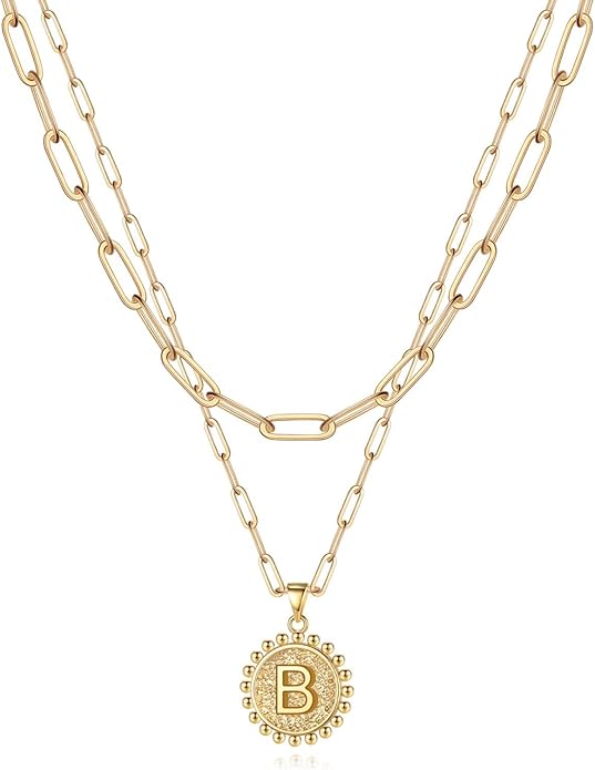 Yoosteel Valentines Gifts for Women Her - Gold Layered Initial Necklaces for Women 14K Gold Plated Dainty Layering Paperclip Link Chain Necklace Coin Initial Necklace Birthday Gifts for Teen Girls