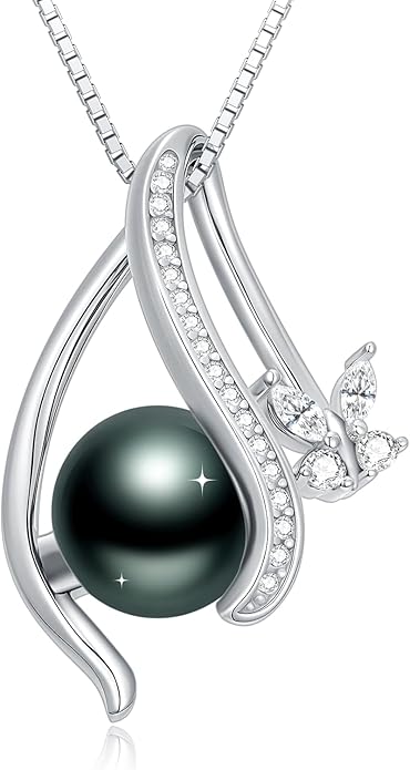 Tahitian Black Pearl 18K White Gold Plated Sterling Silver Heart/Infinity/Four Leaf Clover Pendant Necklace Jewelry Gifts for Women Wife Mom Girlfriend Wedding Birthday Anniversary Christmas