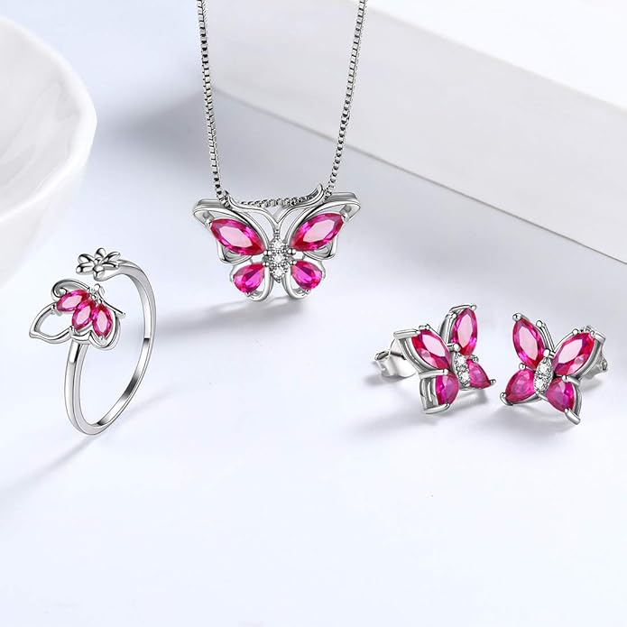 Aurora Tears Butterfly Jewelry,Women 925 Sterling Silver Butterflies Birthstone Pendant Necklace/Earrings/Rings Wedding Gift