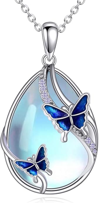 KQF Dragonfly/Butterlfy/Cat/Jellyfish/Bunny/Axolotl/Bee/Mermaid/Hummingbird/Elephant Necklace for Women Sterling Silver Moonstone Pendant Necklace Dragonfly Jewelry Gifts for Women