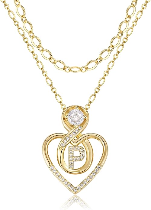 Heart Letter Necklaces for Women 14K Gold Plated Cubic Zirconia Heart Initial Layered Necklace Infinity Pendant Necklace Letter Initial Jewelry for Women