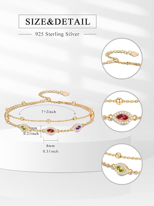 Evil Eye Birthstone Charm Link Bracelet 925 Sterling Silver Evil Eye Bracelet with 12 Months Birthstone Birthday Jewelry Gifts for Women Mom Her,Chain Length 7"+2" Extend