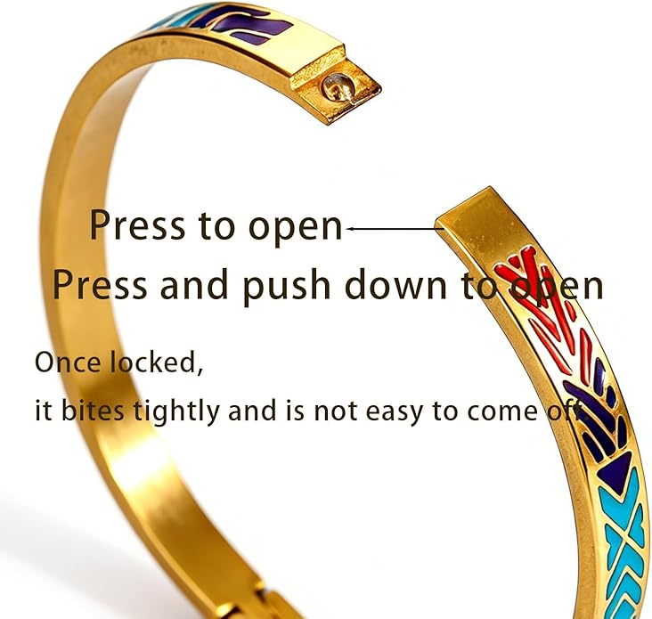 Enamel Bangle Set, 18K Gold Plated Stainless Steel, 4-Piece Bracelet Handcrafted Gorgeous Collection with Abstract and Floral Patterns, 6-7 Inch Wrist Size, Women's Fashion Jewelry