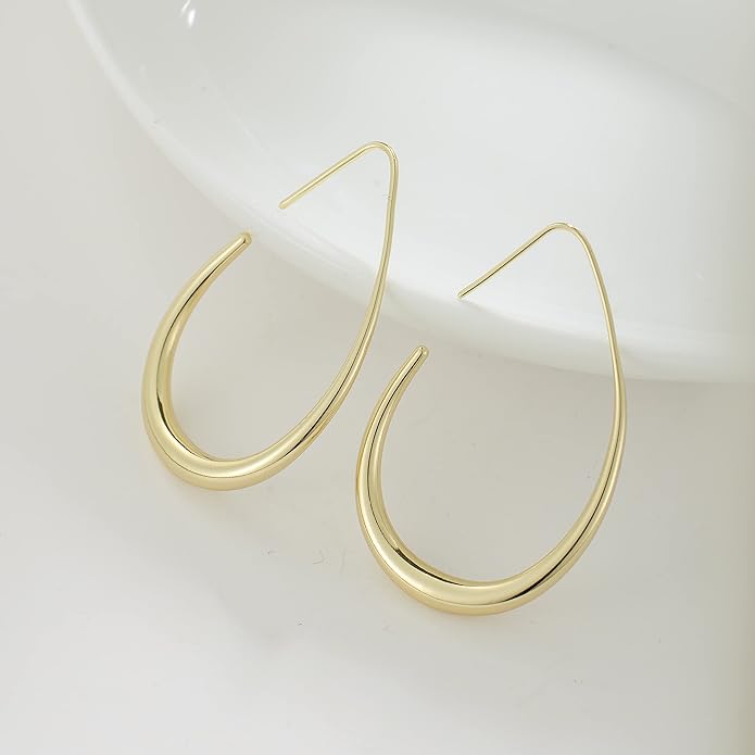 Lightweight Teardrop Hoop Earrings for Women - 14k Gold/White Gold Plated Large Oval Pull Through Hoop Earrings High Polished Statement Jewelry Gift for Women