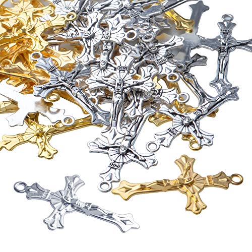 BronaGrand 50pcs Alloy Cross Charms Pendants Jewelry Rosary Cross Charms for DIY Bracelet Necklace Jewelry Making Findings,37×22mm - color: Gold/Antique Silver