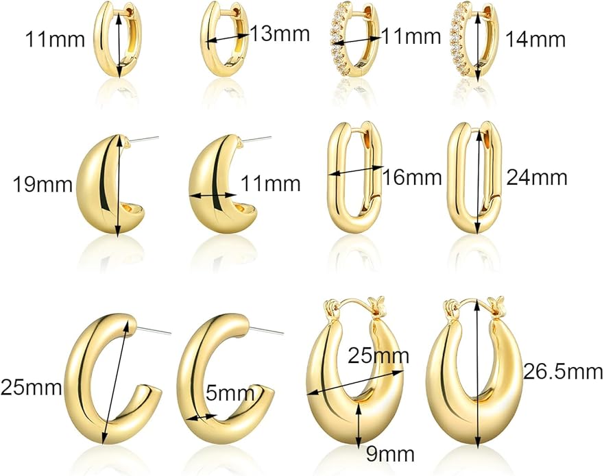 Wgoud 6 Pairs Gold Hoop Earrings Set for Women, 14K Gold Plated Hypoallergenic Lightweight Chunky Open Huggie Hoops Earrings Jewelry for Gifts.