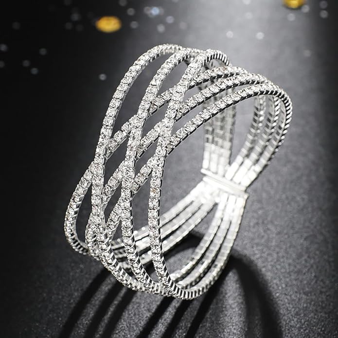 Rhinestone Bracelet for Women MultiLayer Crystal Cuff Bracelet Strand Layered Bracelet