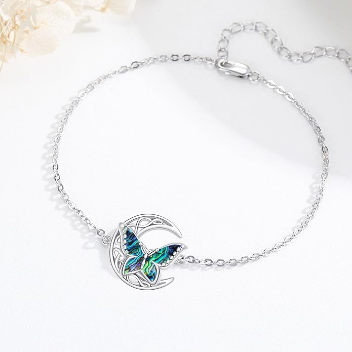 Dragonfly Bracelet 925 Sterling Silver Butterfly Bracelet Adjustable Celtic Moon Bracelet Irish Celtic Jewelry Gifts for Women