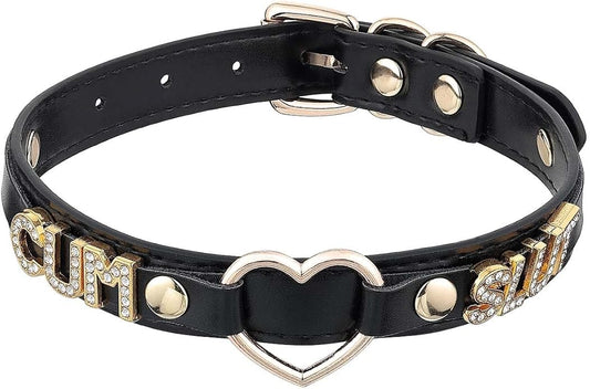 Handmade Gold Heart O-Ring Letter Choker Necklace for Women, Adjustable PU Leather Black/Pink Choker Collar For Women, Goth Choker Collars Necklace