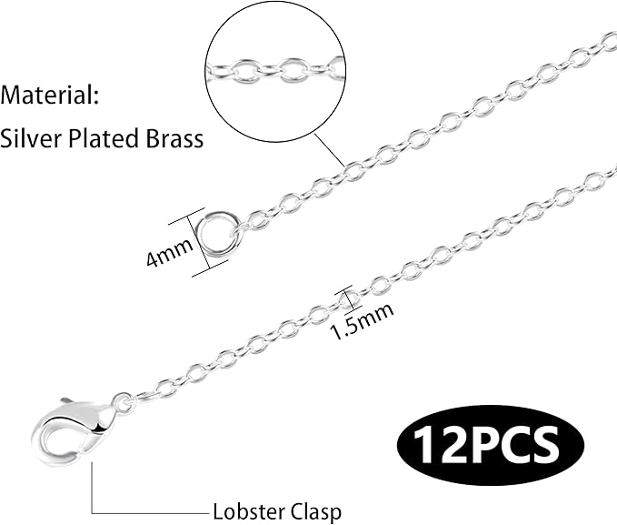 Wholesale 12 PCS Silver Plated Solid Brass Flat Cable Chains Bulk for Jewelry Making (18 Inch(1.5MM))