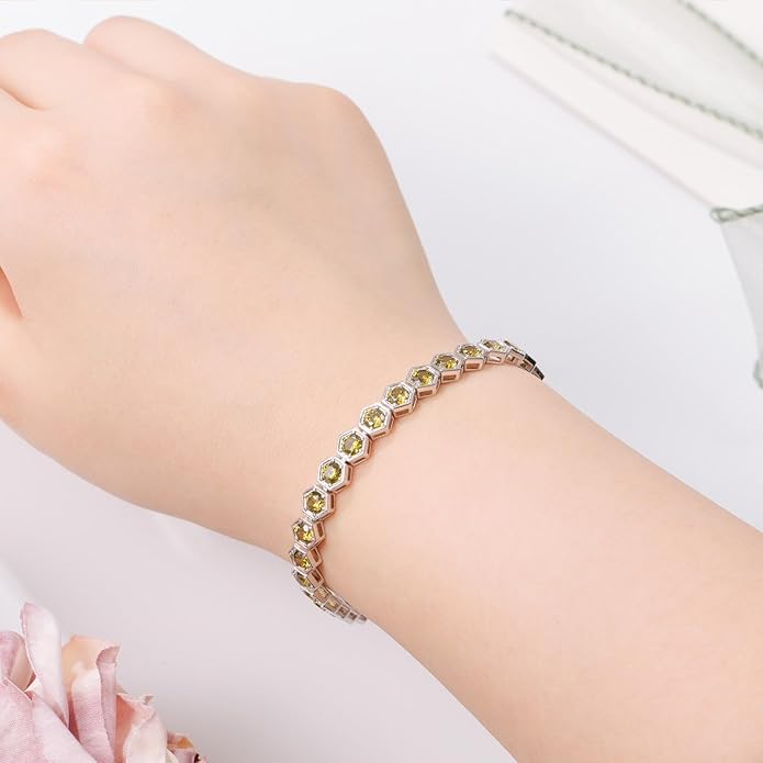 Birthstone Tennis Bracelets for Women Birthday Gifts 925 Sterling Silver Hexagon White Gold Bracelets Round Cut 5A Cubic Zirconia Prong Setting 7 Inch Anniversary Jewelry Gift