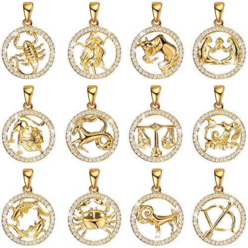 Hicarer 12 Pcs Zodiac Charms for Jewelry Making, Gold/Silver Plated Rhinestone Zodiac Sign Pendants, Astrology Horoscope Charms for DIY Bracelets Necklaces, Gifts for Women(Gold) - color: Gold
