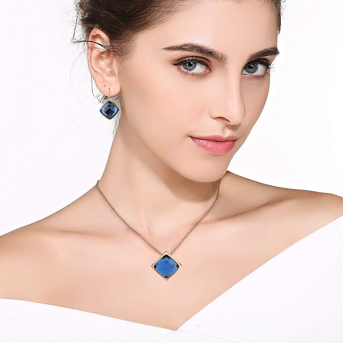 EVEVIC Square Austrian Crystal Necklace Earrings for Women Fashion 18K Gold Plated Hypoallergenic Jewelry Set