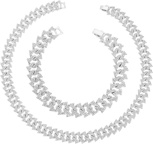 HH BLING EMPIRE 14k Gold/Silver Cuban Link Chain for Women Iced Out Diamond Chunky Cuban Link Necklace Chain Bracelet 2pcs Sets