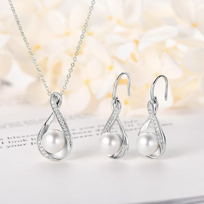 Sterling Silver Pearl Jewelry Set with Shiny Moissanite, Real Freshwater Pearl Earrings Necklace for Women, Wedding Jewelry for Brides Bridesmaid, Mother's Day