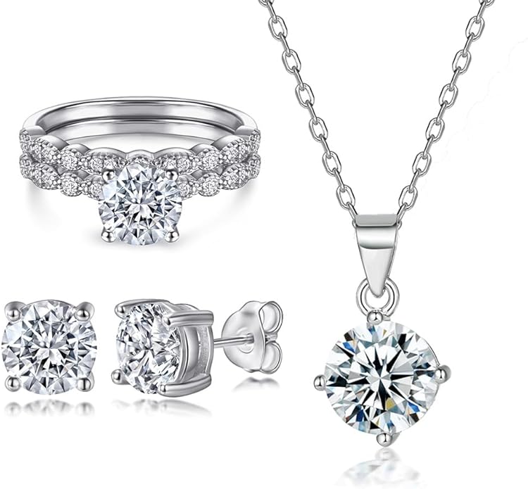 Gemlux 14K Gold Four-Prong Moissanite Ring Stud Earrings Necklace Set, Women's Luxury Three-Piece Jewelry Set, Classic Diamond-Inspired Jewelry