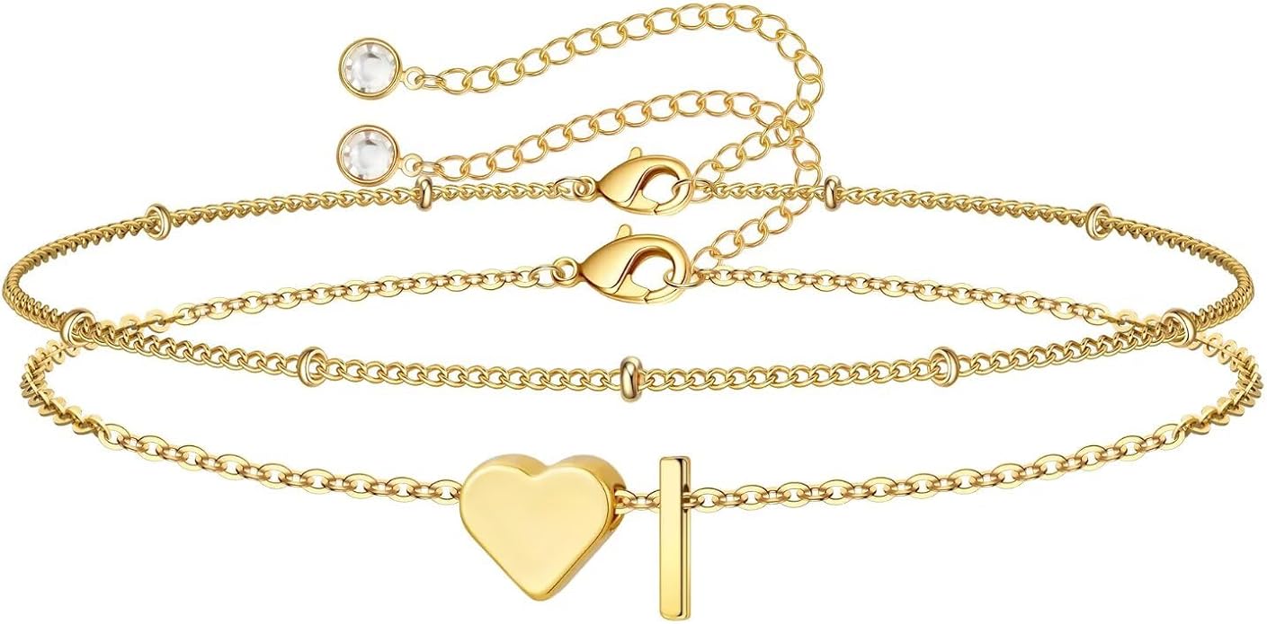 M MOOHAM Valentines Day Gifts for Kids Teen Girls -14K-Gold-Plated Heart Initial A-Z Bracelets for Women Girl Dainty Gold Bracelets Birthday Valentines Gifts for Women Her Teenage Girls Kid Teen Gift