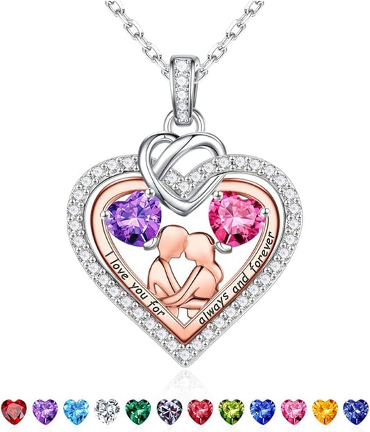 Iefil Valentines Day Gifts for Her - 925 Sterling Silver Double Heart Birthstone Necklace for Women, Anniversary Birthday Gifts for Wife I Love You Gift Couple Sitting Hugging Each Other Jewelry Gift