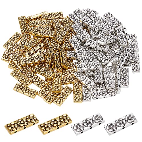 PH PandaHall 100pcs Tibetan Style Alloy Multi-Strand Links 3-Holes Rectangle Spacer Bar Metal Beads with Flower Tibetan Tila Beads for Summer Bracelet Necklace Jewelry Making