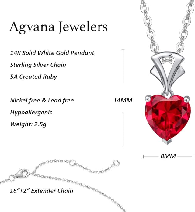 Agvana Valentines Day Gifts 14K White Gold Gemstone Pendant with Sterling Silver Chain 8mm Heart Birthstone Necklace for Women Fine Jewelry Anniversary Birthday Gifts for Women Mom Wife Girlfriend Her