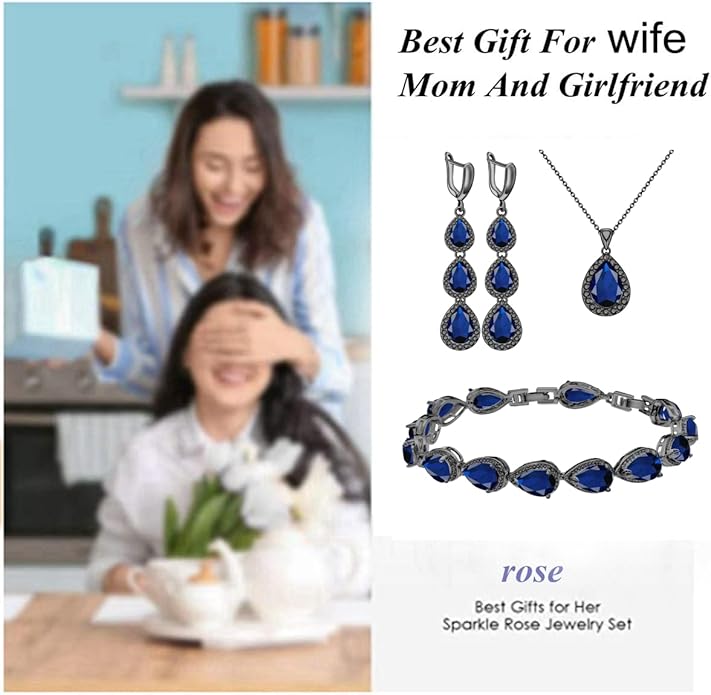 LMXXVJ Necklace Long Earrings Bracelet Set, White Gold Plated Created Blue Sapphire Jewelry Set Wedding Party Gift Jewelry for Women Bridal Bridesmaid