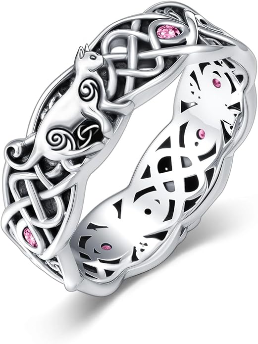 Seiyang Celtic Cat Ring 925 Sterling Silver Irish Trinity Knot Celtic Cat Wedding Promise Ring with 12 Months Birthstone Irish Lucky Jewelry Gifts for Women Mom Her