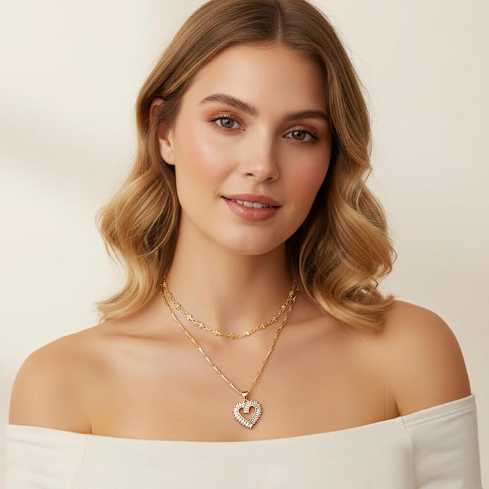 Heart Necklaces for Women 14K Gold Plated Layered Necklace Set with Cubic Zirconia Heart Pendant, Dainty Stackable Choker Chain, Gift for Her