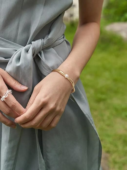PERNNLA PEARL Dainty Gold Bar Bracelet for Women Simple Delicate Thin Cuff Bangle Hook Bracelet 18K Gold Plated Handmade Minimalist Jewelry