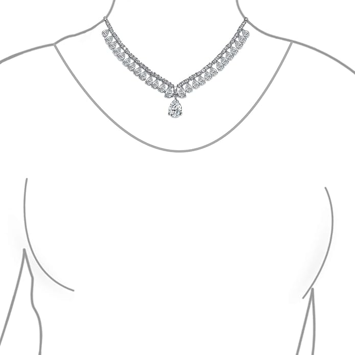 Bridal Jewelry Set Art Deco Vintage Estate Style Cubic Zirconia Marquise Leaf Teardrop AAA CZ Statement Cleavage Choker Necklace & Chandelier Dangle Clip On Or Pierced Earrings For Women Pageant