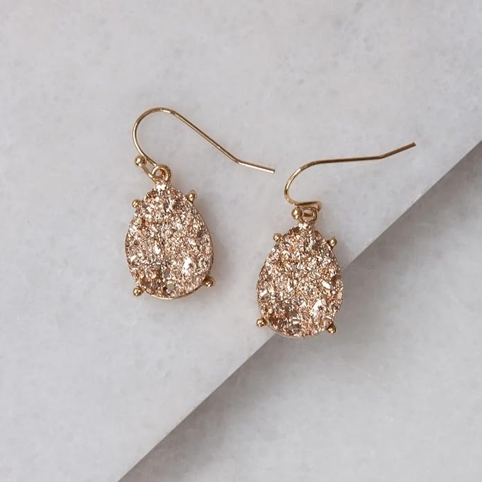 Teardrop Dangle Earrings for Women with Simulated Druzy Stones in Gold or Silver Tone