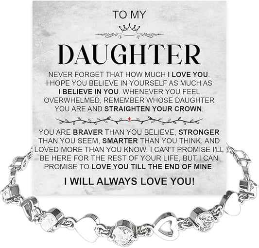 To My Daughter Bracelet, Silver Heart Chain Bracelet with Shiny Stones, Perfect Birthday or Graduation Christmas Gift for Daughter with Message Card Gift Box